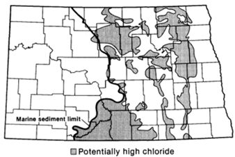 Figure 7.1. Areas in North Dakota with ancient marine sediments at or near the surface, with high chloride content (Bluemle, 1971).